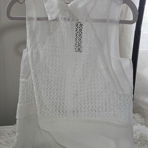 Tahari ASL White Sleeveless Embellished Button Down Shirt